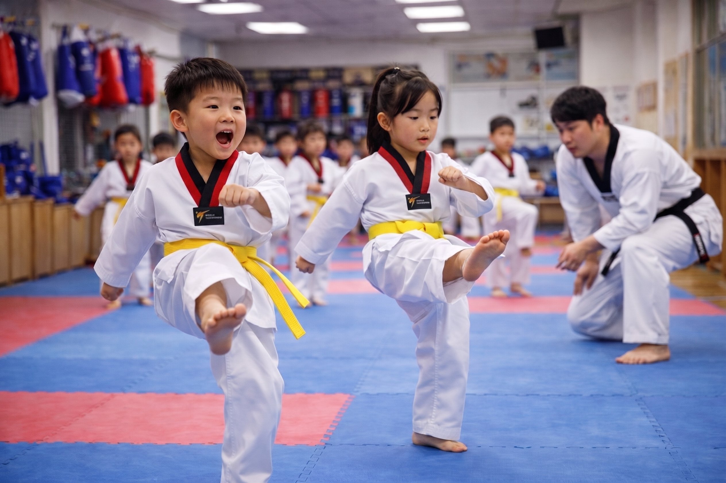 兒童跆拳道團體課程，孩子跟著教練一起練習踢腿