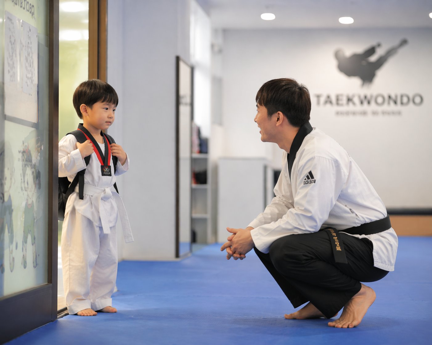 教練蹲下來與初次來館的孩子面對面說話